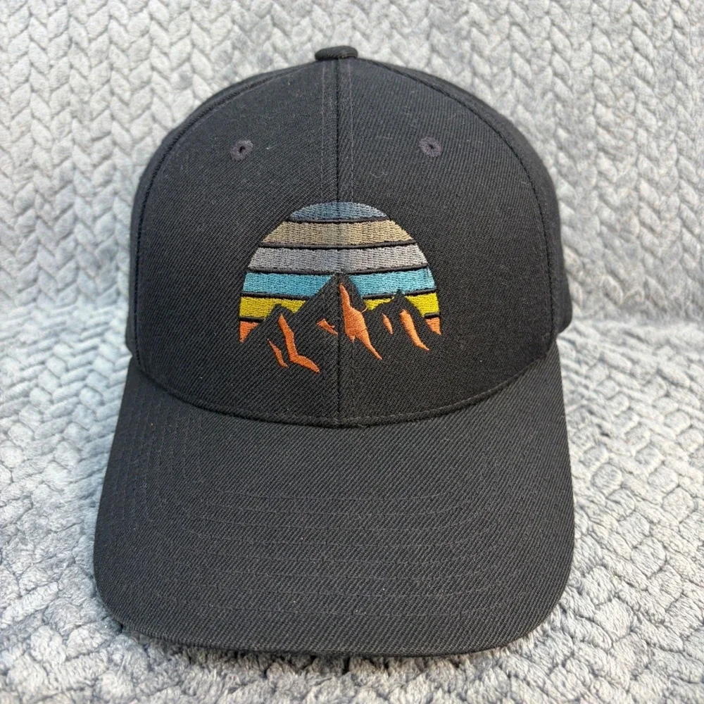 Mountain Sunset Embroidered Black Snapback Hat Baseball Cap Mens Adjustable